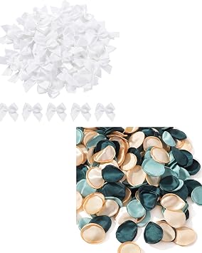 yoyokid 50 PCS 1.06" White Mini Satin Ribbon Bows + 400 Pcs Green Silk Rose Petals Artificial Flower Petals for Wedding Flower Girl Basket