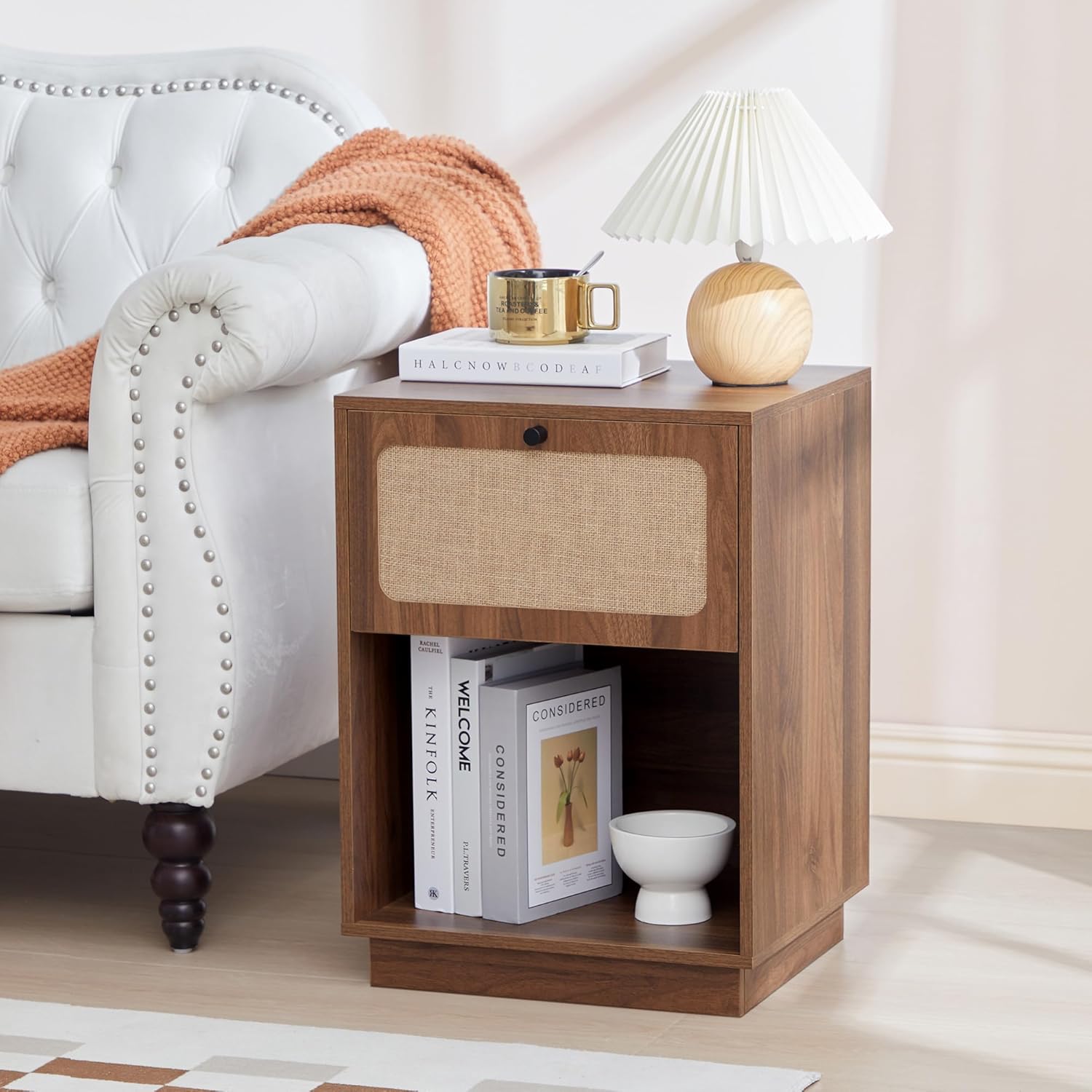 AVZEAR Mid Century Night Stand Set of 2, Modern Nightstand with Drawer & Curved Linen Panel, Farmhouse End Table Wood Bedside Table Small Side Tables for Small Space, Bedroom(Walnut)