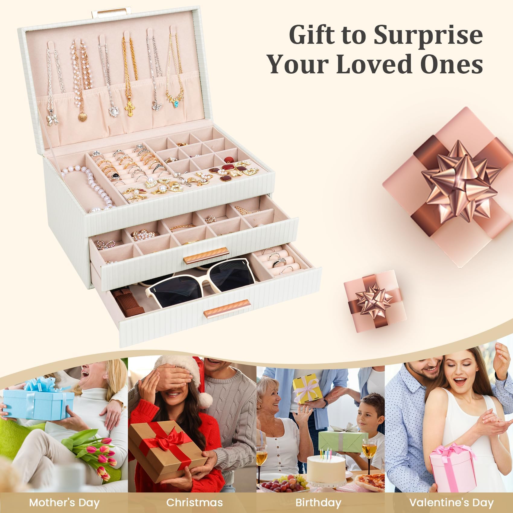 Dajasan Jewelry Boxes for Women, Jewelry Box Organizer with 2 Drawers, 3-Tier Large Jewelry Holder Organizer Box for Necklace Ring Earring Bracelet, Gift Idea, Modern Style (White)