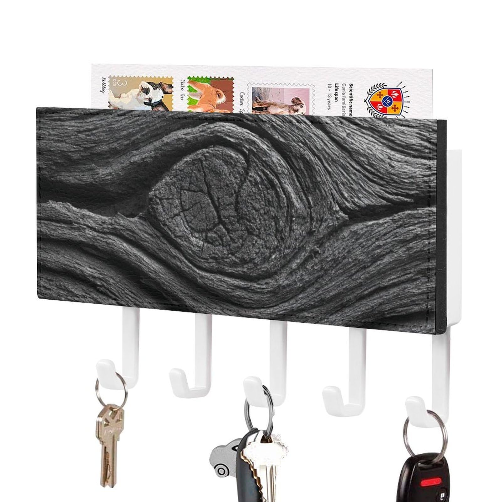 Jubonexis Dark Black Wood Texture Wall Mount with 5 Hooks Acrylic Key Rack for Home Office Entryway