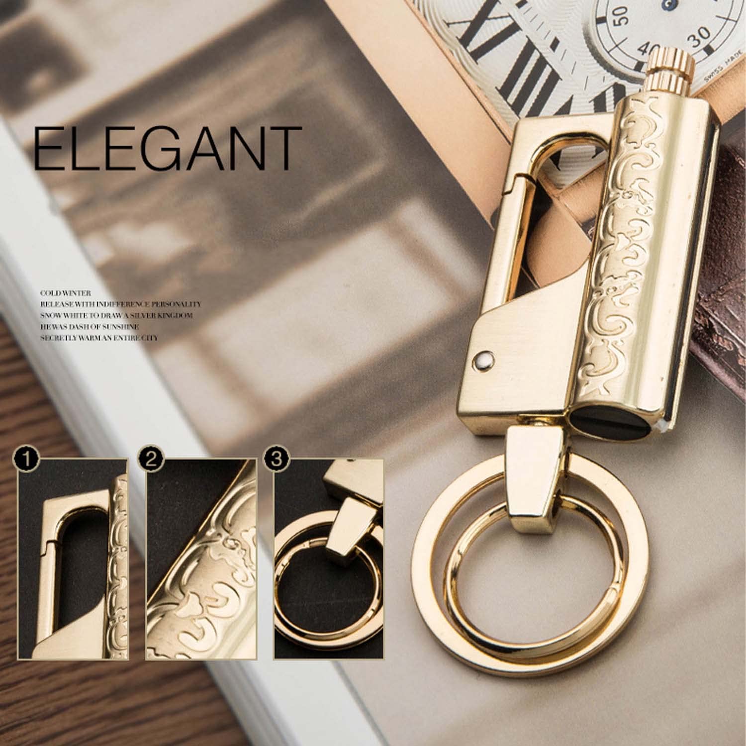 Paquet De 3 Kérosène Multifonction Match Permanent Porte-clés Briquet Créatif En Métal Extérieur Étanche Portable Silex Allume Feu,Gold