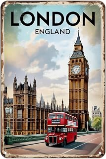 London England Big Ben Double Decker Bus Vintage Travel Metal Sign Print Aesthetic Room Decoration for Home Bedroom Kitchen Bar Dorm Bathroom Wall Decor 8 X 12