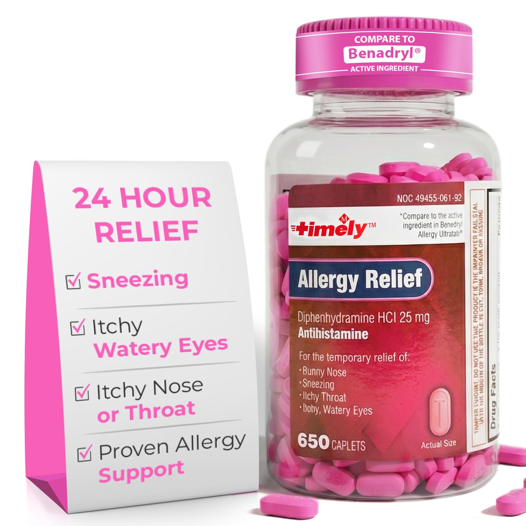 TIME-Cap Labs 650 Caplets Diphenhydramine HCl 25mg Allergy Relief – Antihistamine for Adults, Helps Relieve Sneezing, Runny Nose, Itchy Watery Eyes & Itchy Throat
