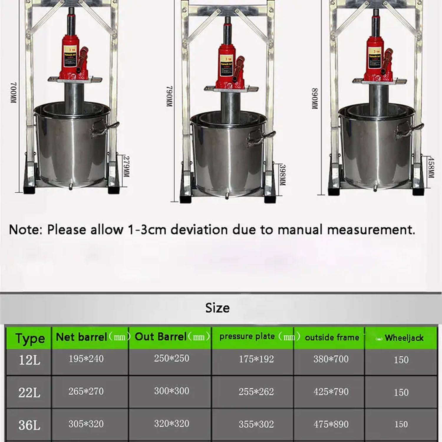 Manuelle Traubenpresse, 12 L/22 L/36 L, Kommerzielle, Abnehmbare Obstpresse Aus Edelstahl, 100–150 Kg/h, Saft-Weinpressausrüstung Für Traubenfrüchte, Honig, Ölrückstände