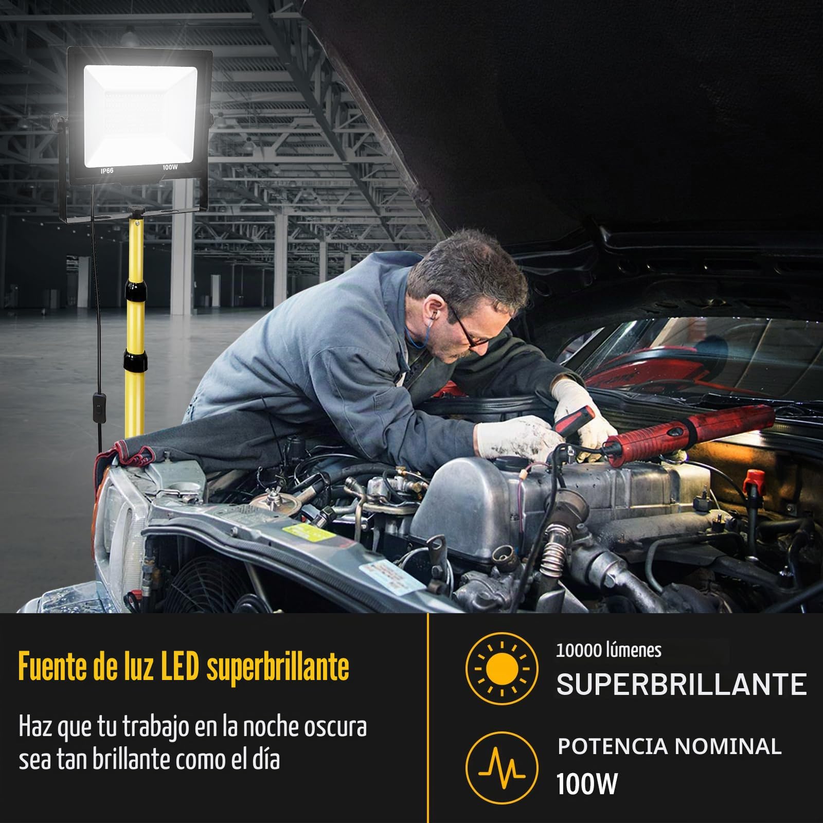 Willpower Focos LED Trabajo Portátil 100W, Proyector LED con Trípode Telescópico 10000LM Foco de Construcción IP66 para Obras Fiestas Jardín Garaje Interior Exterior, 3M Cable con Enchufe, 6000K
