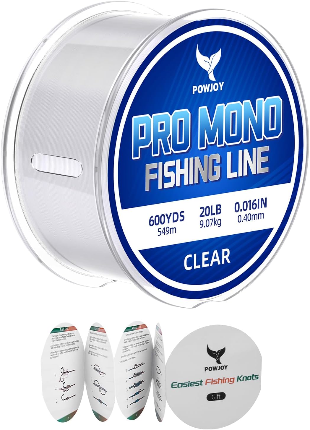 POWJOY Pro Monofilament Fishing Line with Knot Instruction Cards for Multi Purpose Cost Effective, Strong Yet Thin Nylon String for Big Fishes, Tangle-Free & UV Resistant, 15/20/30/50/80LB