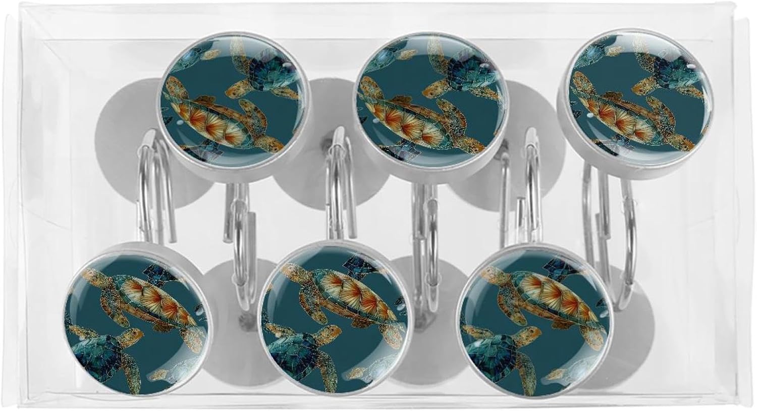 Set of 12 Shower Curtain Hooks, Shower Curtain Rings Crystal Glass Decorative Bathroom Hook, Tortoise Sea Turtle Pattern