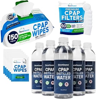 Dura Cleanse Distilled Water (6×20 oz) + CPAP Wipes (150 Count) + Filters for ResMed AirSense 10 (60 Pack, MERV 18) - Complete Filtration, Humidifier Care & Daily CPAP Cleaning