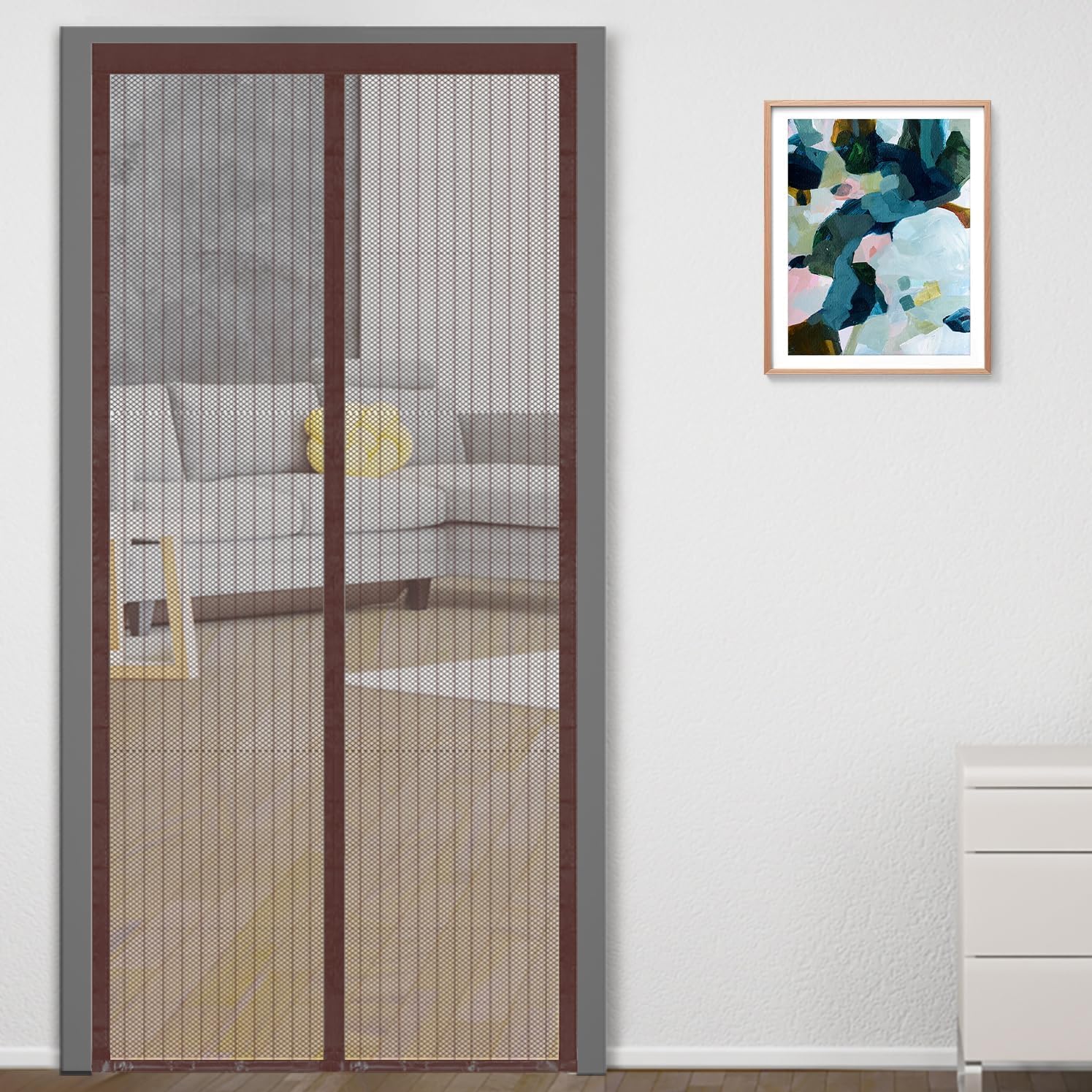 Magnetic Screen Door – Hands Free Mesh Partition Curtain, Heavy Duty Polyester Keeps Bugs Out, Frame Hook & Loop Installation, Pet & Kid Friendly Auto Close Door Net - 210x100cm (Brown)
