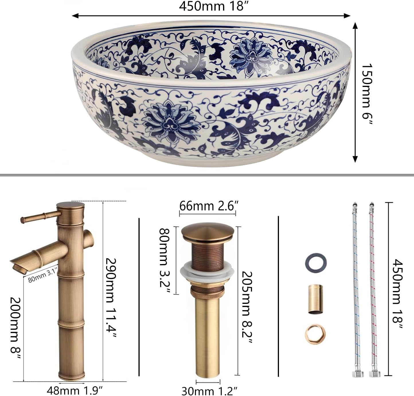 18 Inch Bathroom Vessel Sink with Bamboo Shape Faucet and Pop-Up Drain Combo,Blue and White Porcelain Ceramic Vessel Sink Bowl Above Counter Round Bathroom Sink Basin