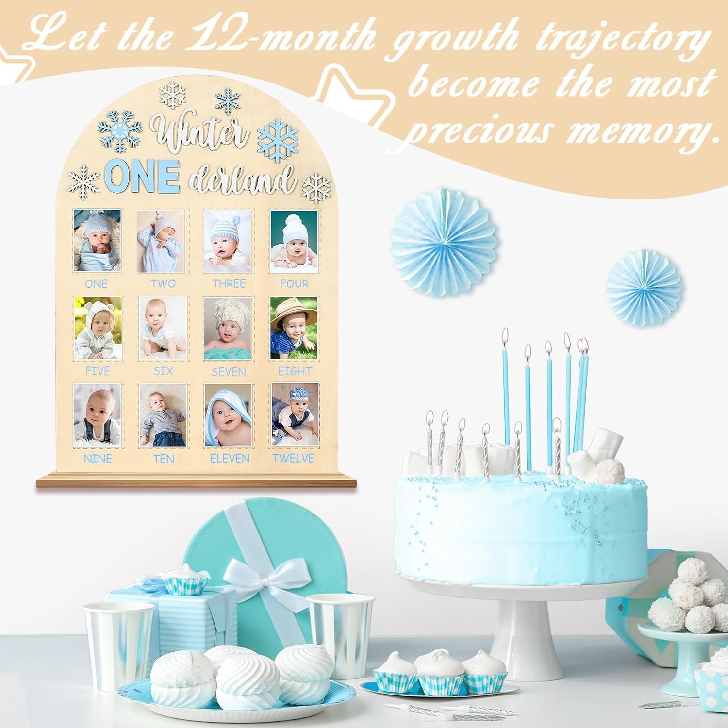 My First Year Photo Frame Board First Year Picture Frame 12 Months Milestone Board Photo Display Wood Board One Year Winter Snowflake Nursery Decorations Gift for 1st Birthday Baby Boy Keepsake Gift