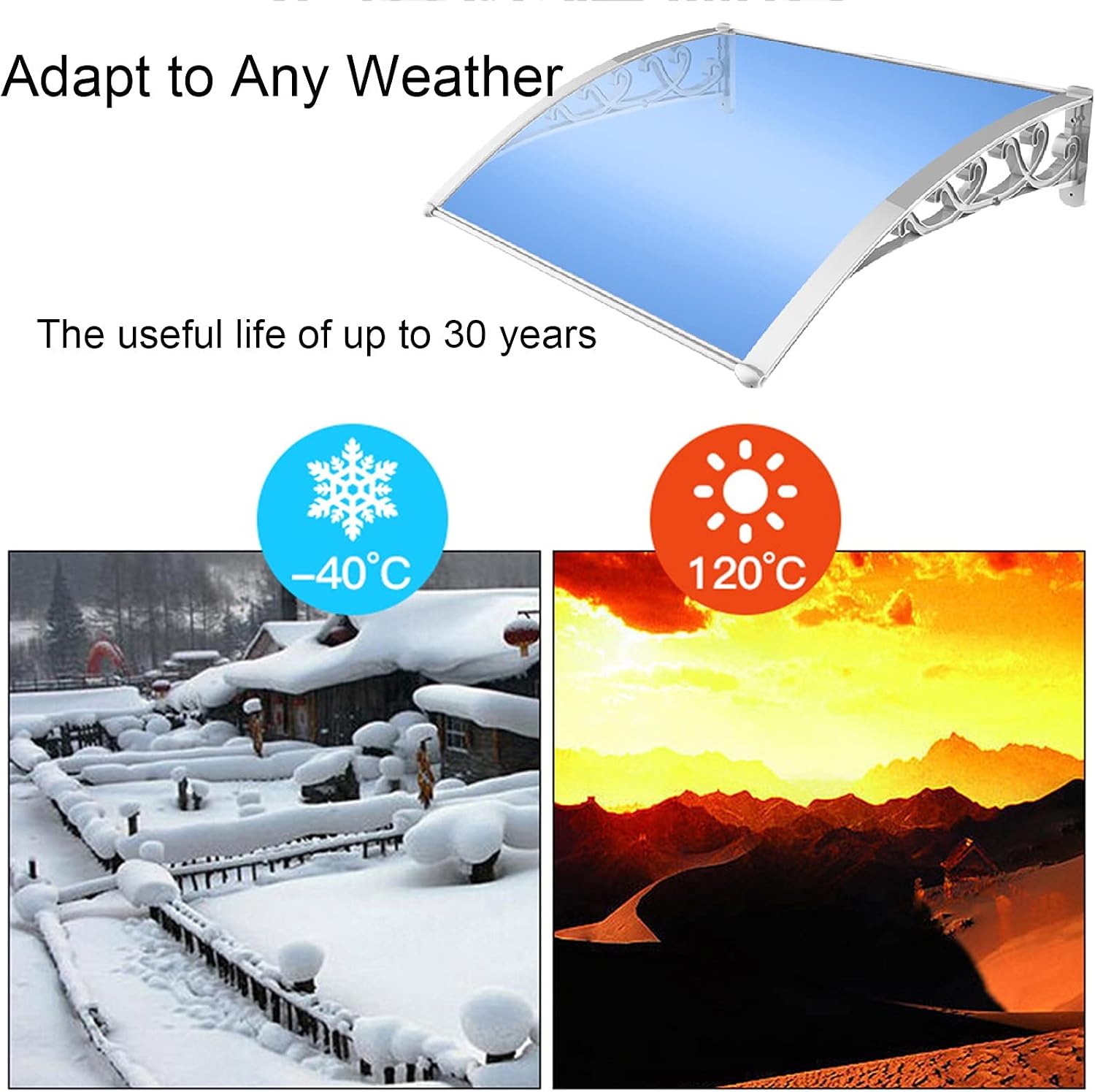 Exterior Door Window Awning Blue Polycarbonate Rain Snow Cover Patio Cover White Aluminum Bracket Custom Size (Color : Blue Size: 80200CM) (Blue 80X100CM)