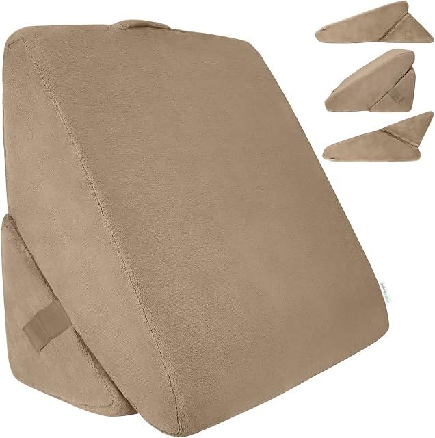 Xtra-Comfort Bed Wedge Pillow - Folding Memory Foam Incline Cushion System for Back and Legs - Triangle Shaped for Reading, Support - Washable (Brown)
