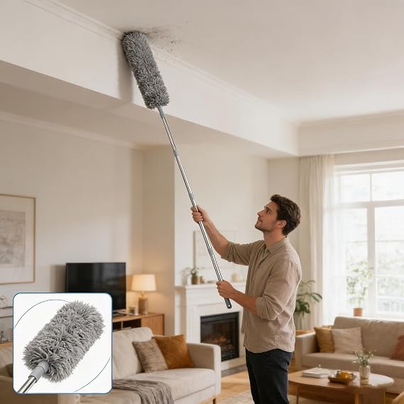 Feather Duster Extendable, 4.9M Extendable Duster Extra Long, Cobweb Brush Extendable, Reusable Flexible Duster with 10 Extension Rods