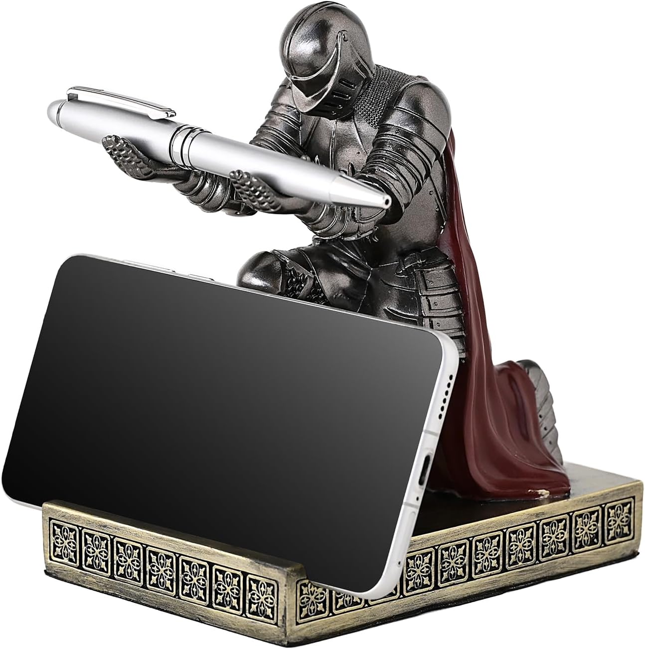 Windbreaker Soldier Knight Pen Holder Personalized Desk Accessory, Mobile Phone & Gaming Controller Holder, Device Stand Gift for Medieval Enthusiasts (Iron)