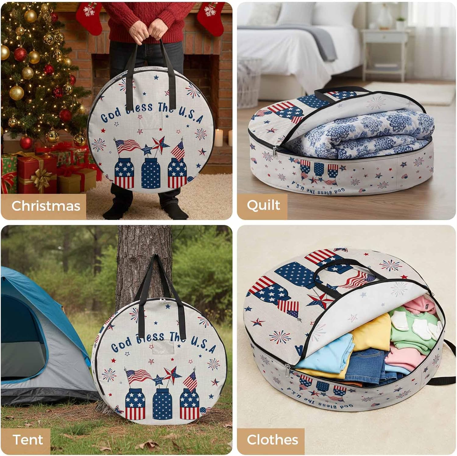 Independence Day Round Storage Bag 36 Inch, American Flag Patriotic Pentagram Linen Clothes Storage Container with Handles Heavy Duty Organizer for Comforter, Bedding & Holiday Wreaths