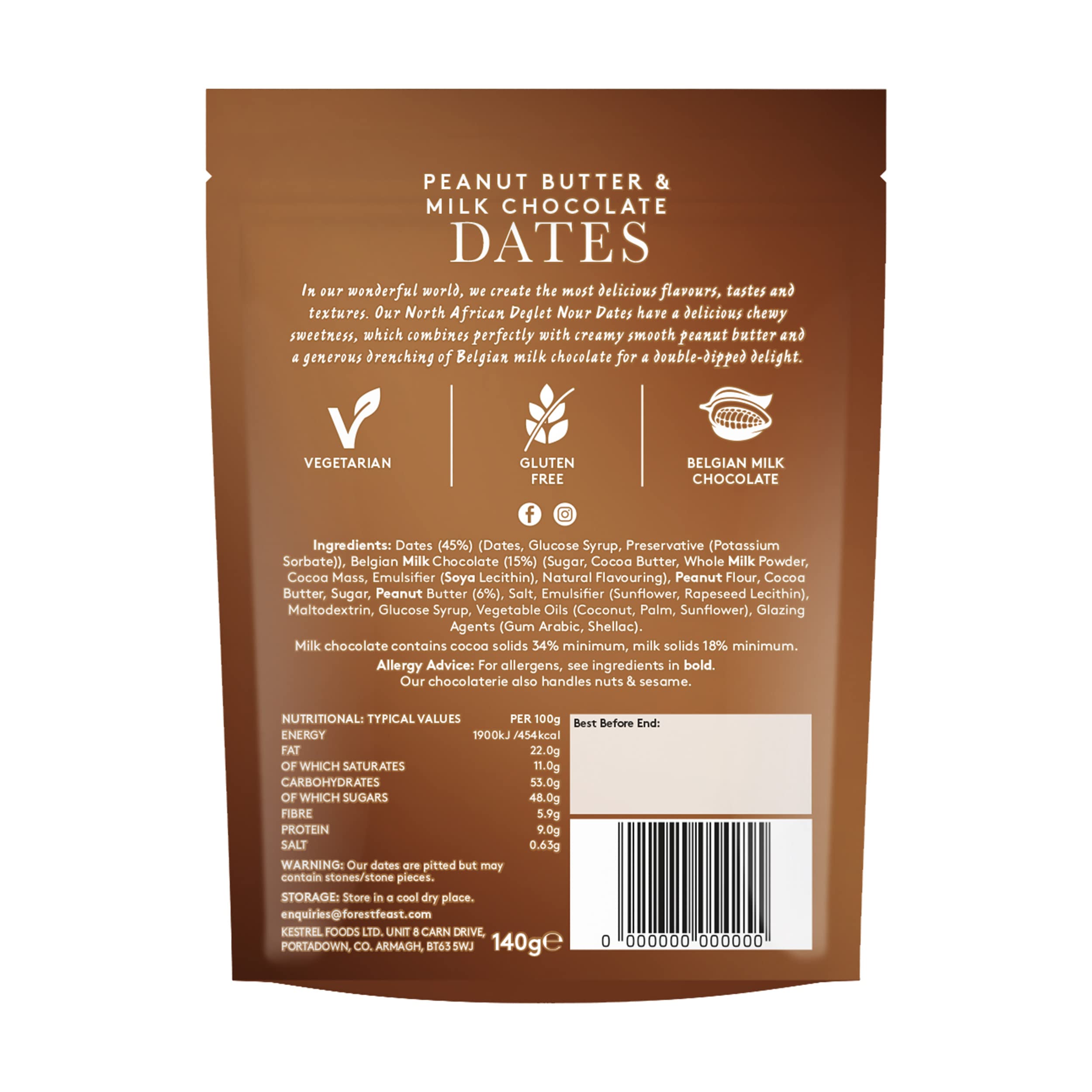 FOREST FEAST Daktyle z masła orzechowego i czekolady mlecznej 6 x 140 g | Podwójne daktyle nour w belgijskiej czekoladzie mlecznej, daktyle z masłem orzechowym, czekoladą owocową z czekoladą