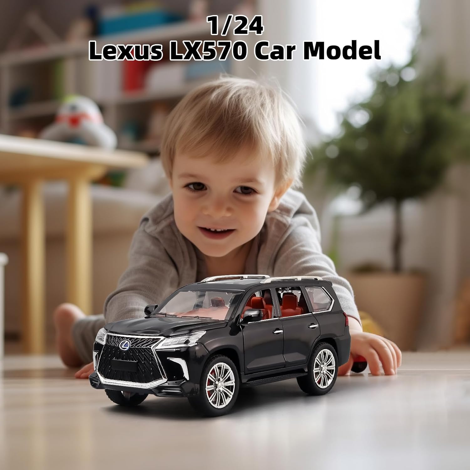 Lexus 570 Boys Big Off-Road SUV Model Car, 1/24 Diecast Metal Car Toys with Lights, Sound and Pull Back, Age 4-7 (Black)