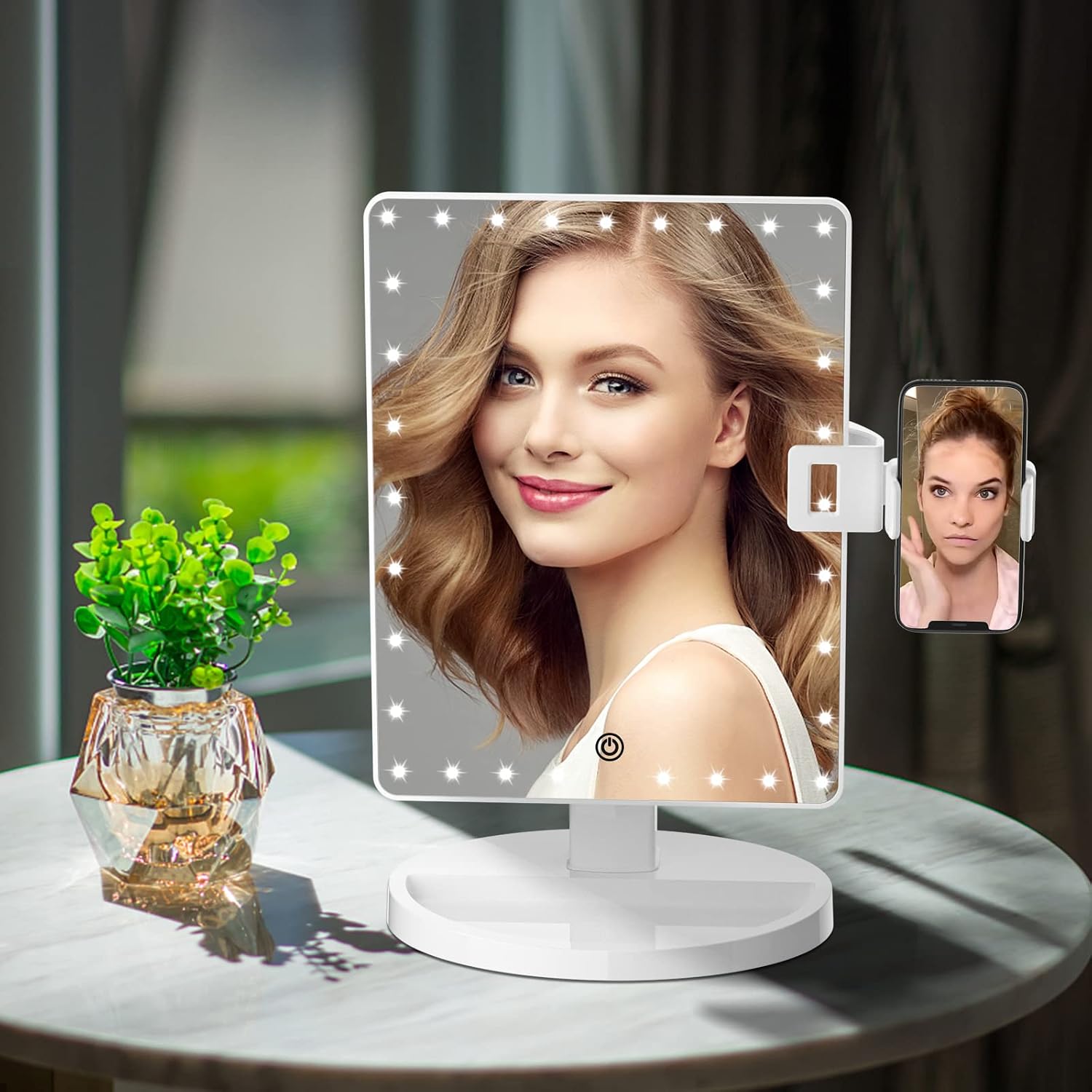Lighted Makeup Vanity Mirror with Phone Holder,Makeup Mirror with Lights and Detachable 10X Magnification, Cosmetic Desk Makeup Mirror with Sensor Touch Light Dimmable, 360°Rotation, Dual Power Supply