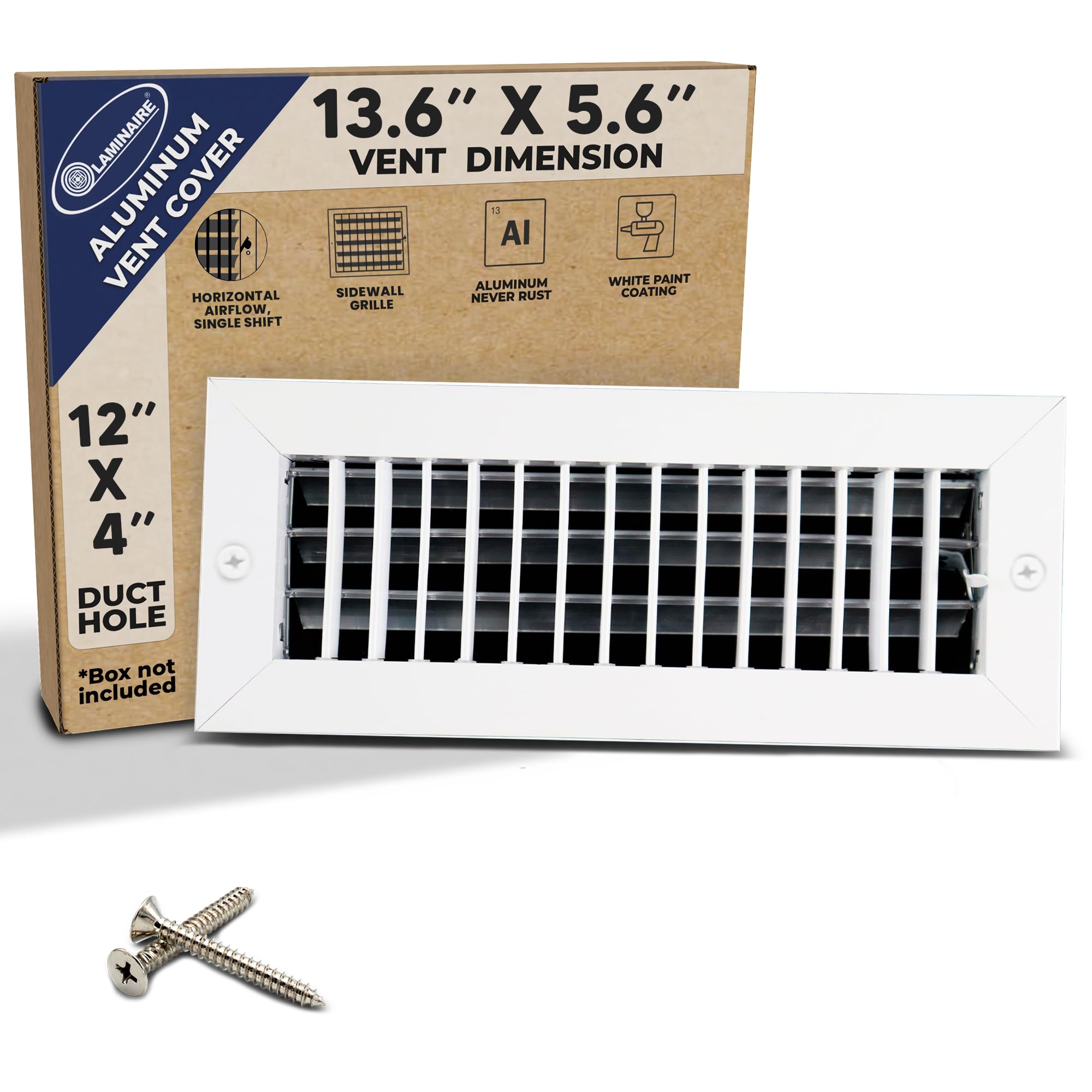 12" x 4" Duct Hole [13.6" x 5.6" Face] Aluminum Single Deflection Adjustable Air Supply Register with Multi-Shutter Damper - High Airflow - HVAC Wall Vent Cover
