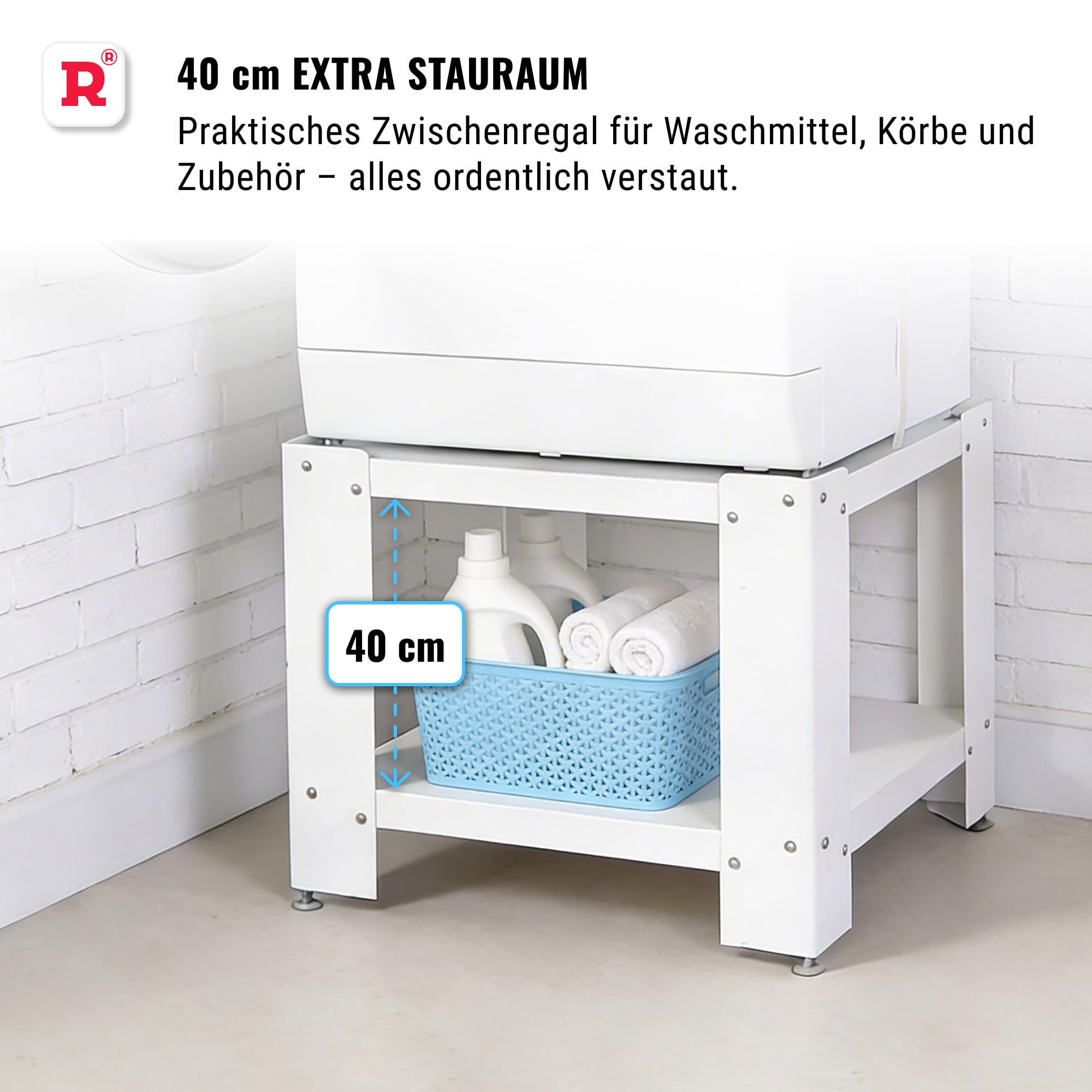 ROLLER Kappatos Waschmaschinen-Untergestell 50 cm mit Regal, Weiß | Stabiles Podest, bis 300 kg, verzinkter Stahl, höhenverstellbare Füße, inkl. Spanngurt