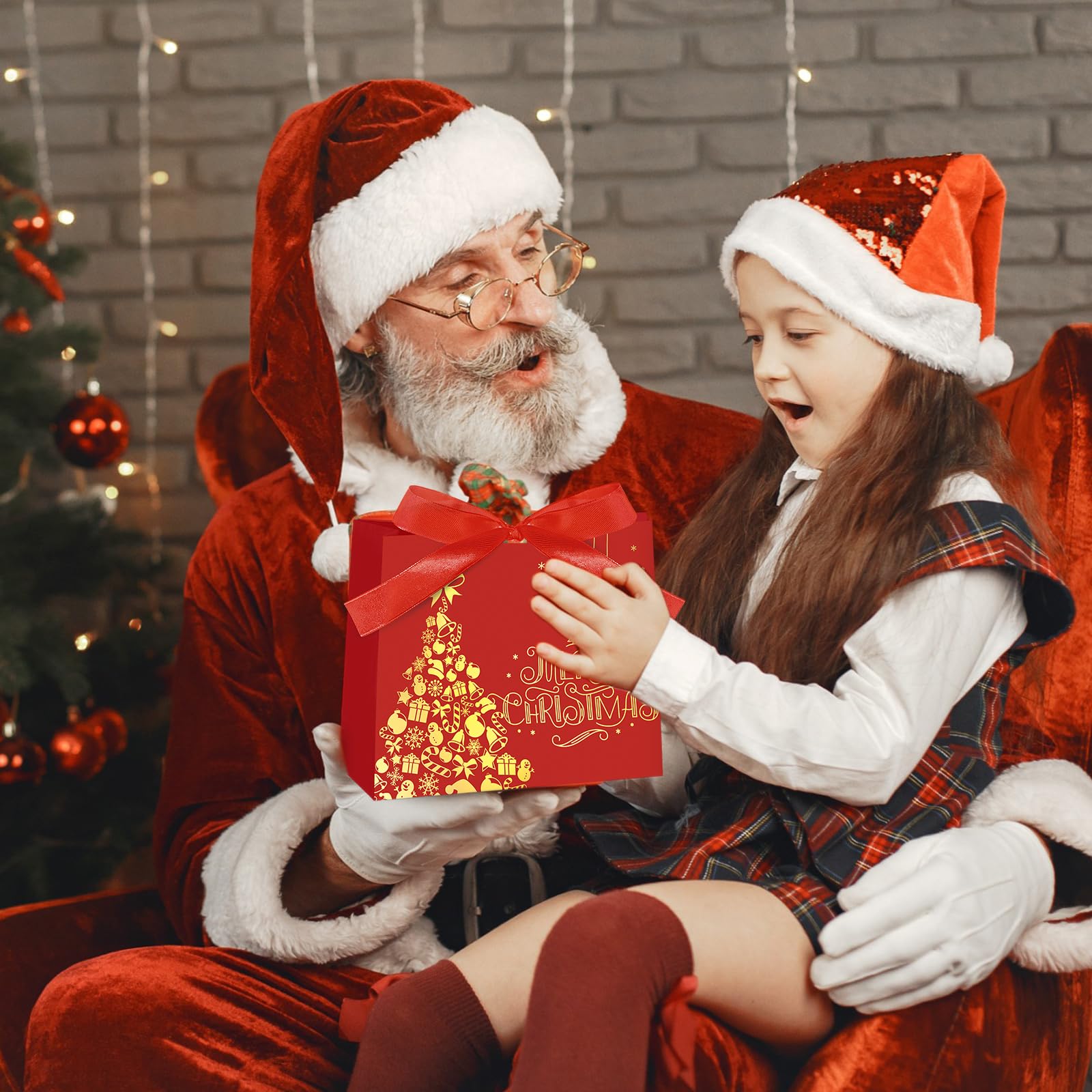 Kolldenn Lot de 50 petits sacs cadeaux de Noël en vrac avec poignées en feuille d'or rouge, blanc, vert avec nœud pour Noël, bonbons, cadeaux de fête pour Noël, vacances, Nouvel An