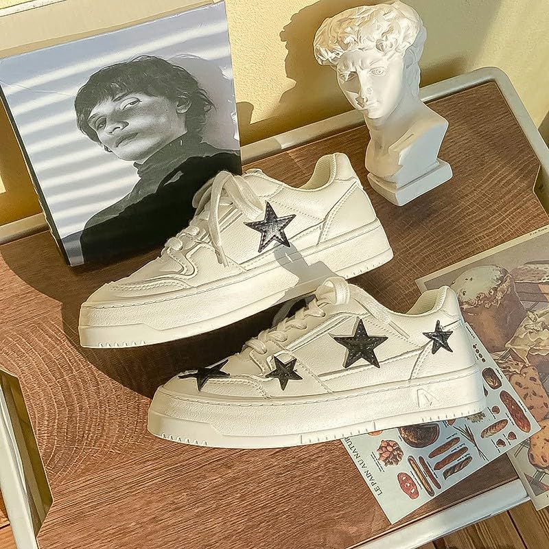 Star Shoes Women's Sneakers White Matte Leather Black Star Accents Non-Slip Rubber Sole Platform US5.5-8
