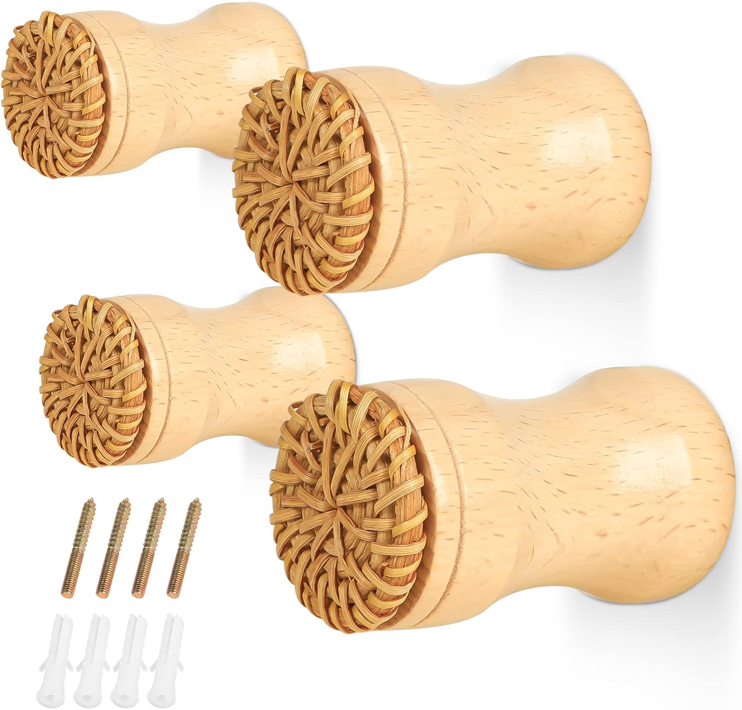 XEFINAL 4PCS Wood Wall Hooks， Wooden Rattan Wall Hooks