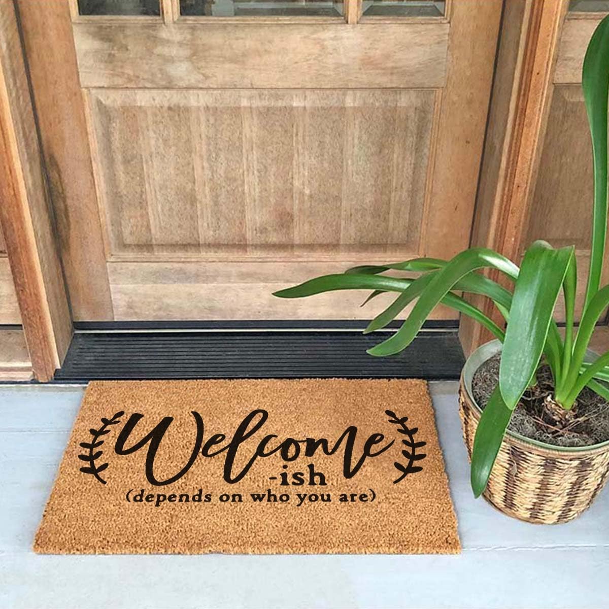 Funny Coir Doormat 23.6 x 15.7 inch Personalized House Warming Gift Mat for Outside Entrance Front Porch Patio Door Non-Slip Decor (Welcome-ish Depends Who You are)