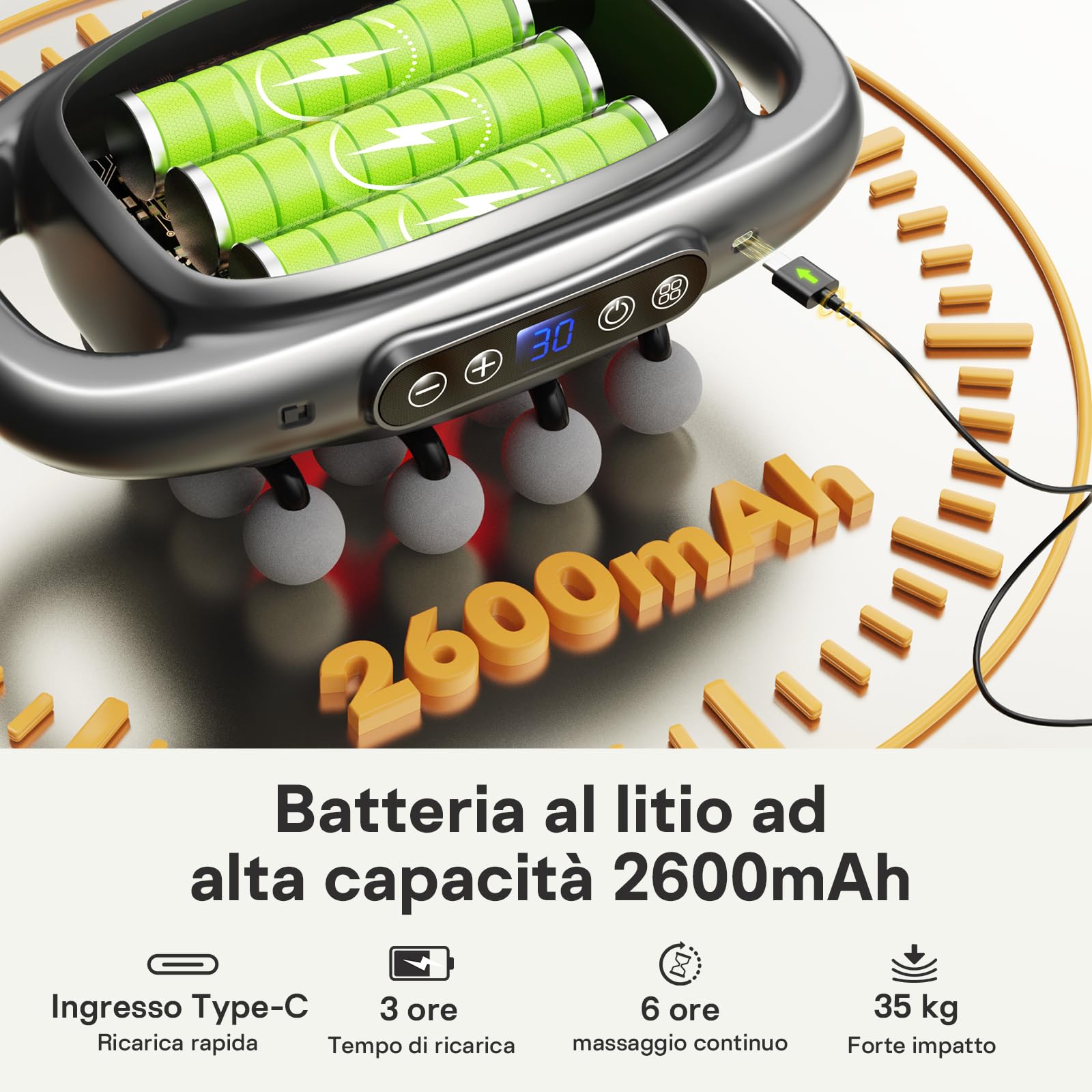 Pistola massaggio muscolare VTT, massaggiatore elettrico silenzioso con 16 testine, 3 modalità e 30 livelli di intensità, ideale per alleviare tensioni e dolori a spalle, schiena e gambe