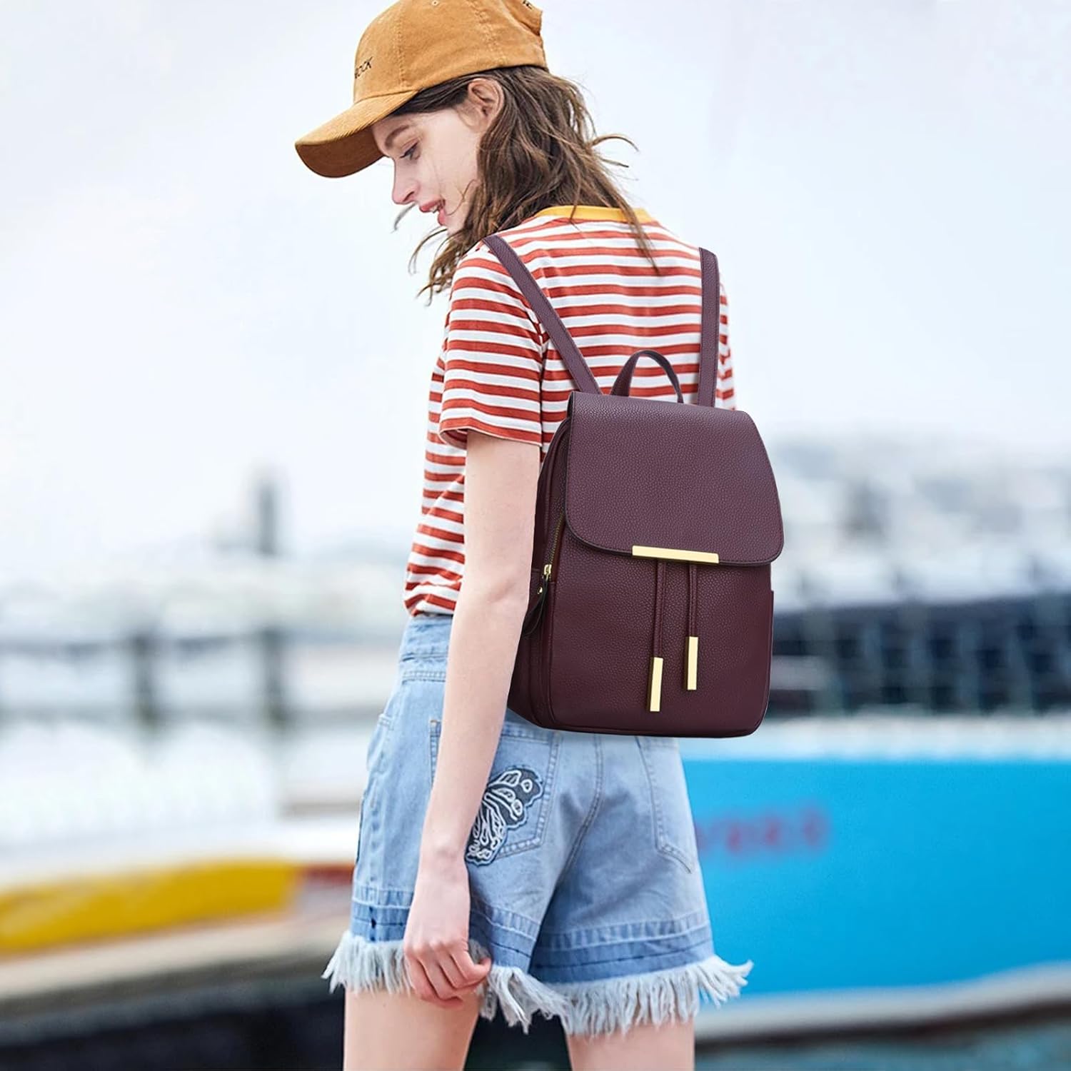 KKXIU Trendy Leather Backpack Purse for Women and Ladies Shoulder Travel Daypacks Bags (A-Wine) - Image 2
