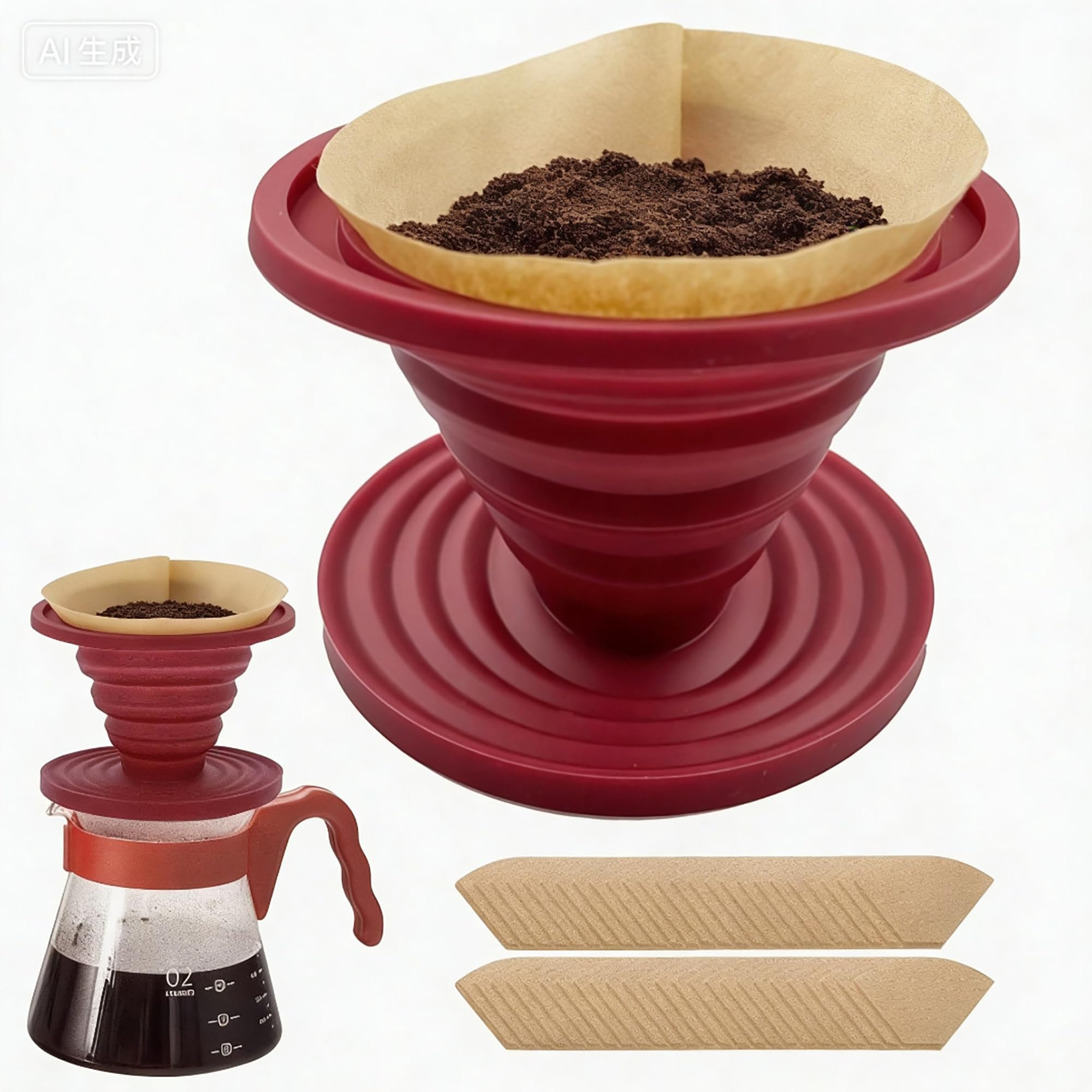 Collapsible Faltbarer Silikon Kaffee Tropfer mit 50 Papierfiltern Wiederverwendbarer Kaffeefilter für Zuhause Camping Reise Büro Groß Kegel V02 2-4 Tassen Rot