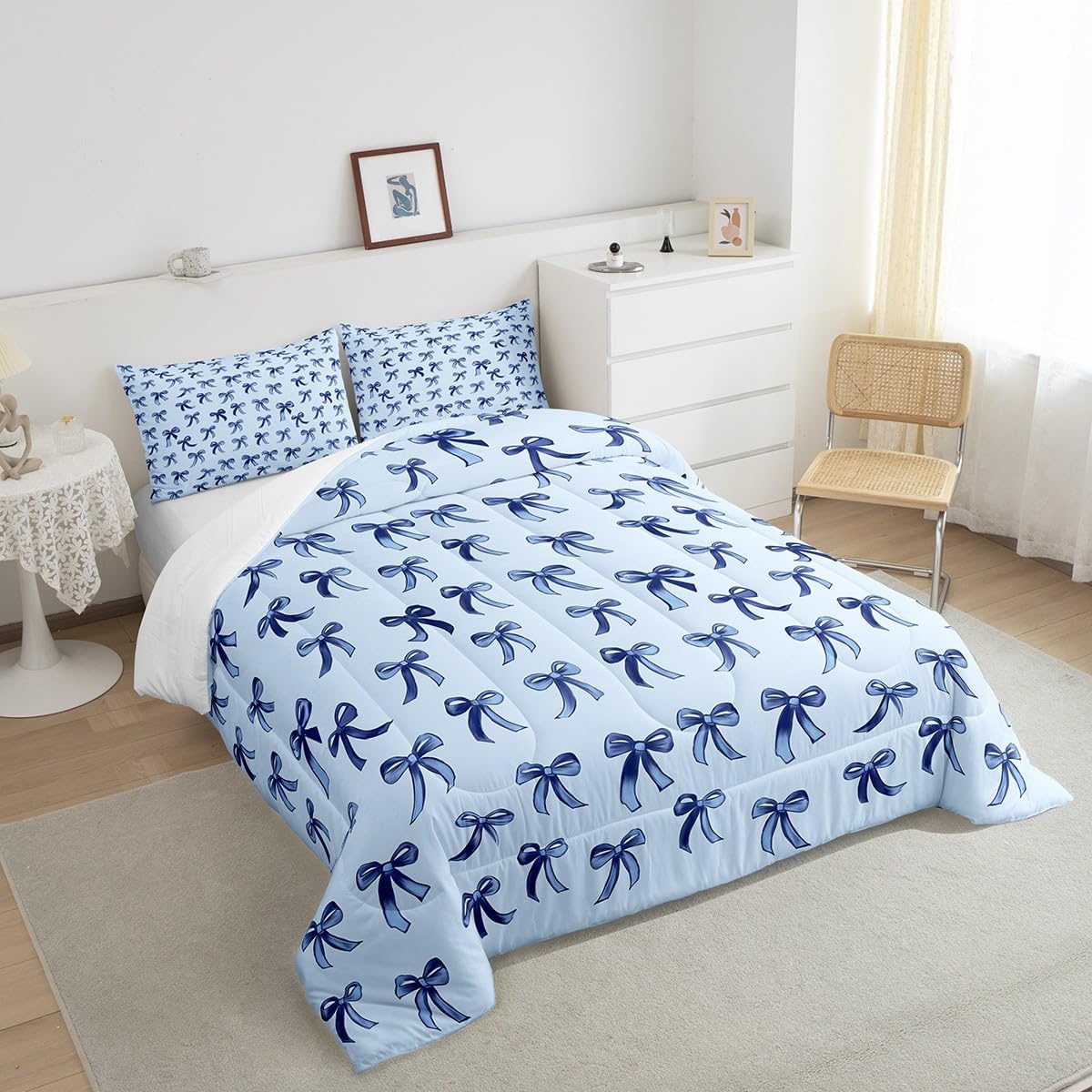 Erosebridal Bowknot Full Size Comforter Set, Kawaii Simple Bows Breathable Bed Set, Cute Cartoon Dreamy Printed Kids Teens Microfiber Down Comforter for Sofa Bedroom, Baby Blue Ribbon Duvet Insert
