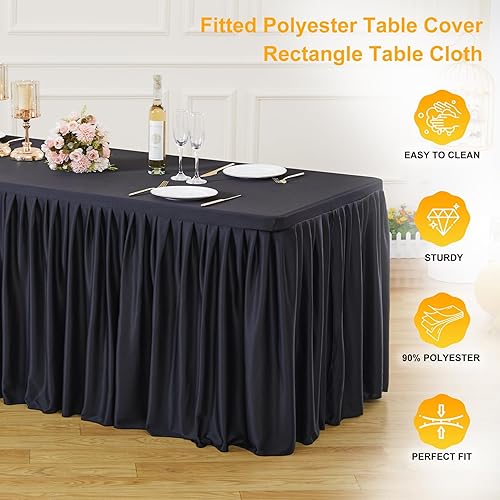Miniatura 2 de Paquete de 2 manteles rectangulares negros para mesas de 6 pies, manteles ajustables de poliéster elásticos 6T para bodas, cumpleaños, fiestas,