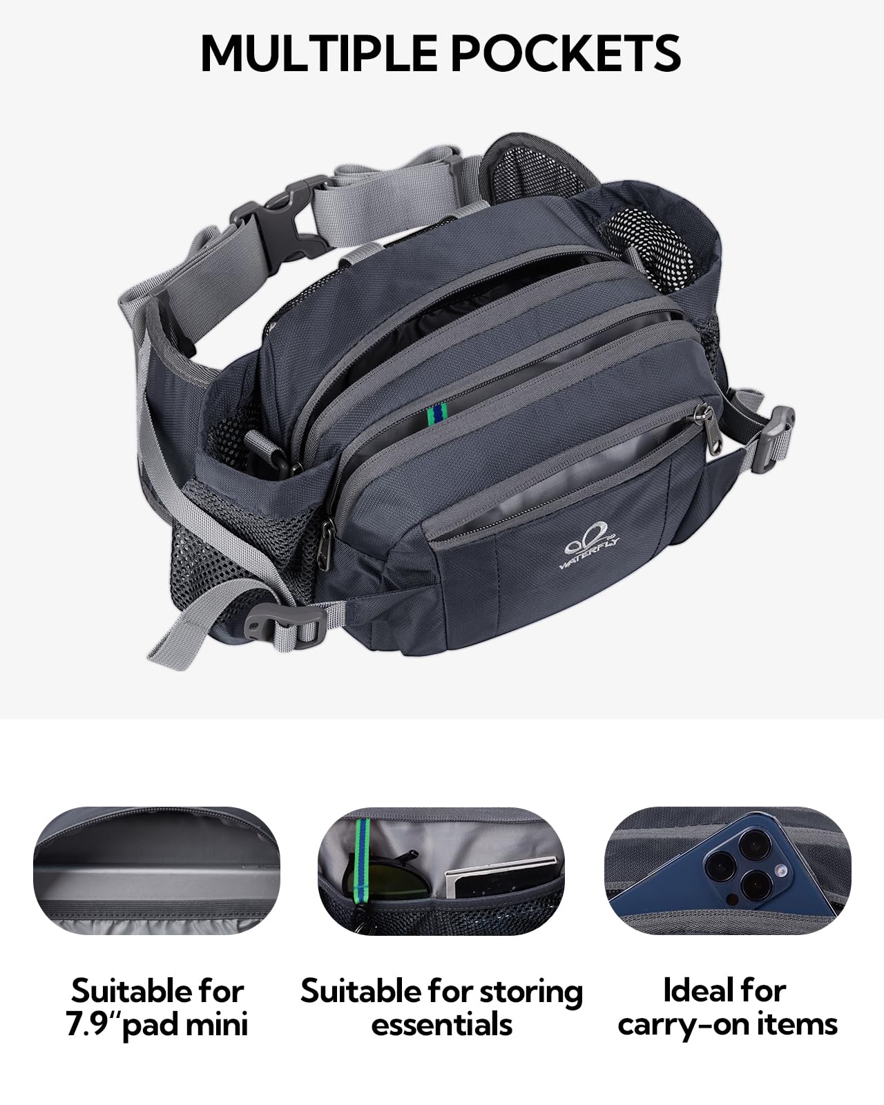 WATERFLY Marsupio: Fannie Pack 2 portabottiglie da acqua cintura lombare escursionismo camminata corsa jogging campeggio grande donna uomo (bottiglia non inclusa)