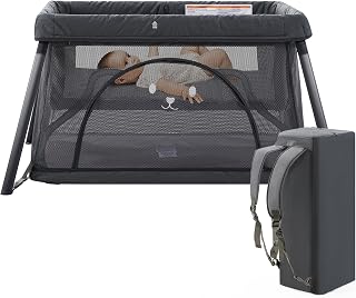 Sporary 3-in-1 Portable Travel Crib & Playpen - Lightweight 17.2 lbs Foldable Pack n Play with Mattress for Babies & Toddlers (Dark Grey)