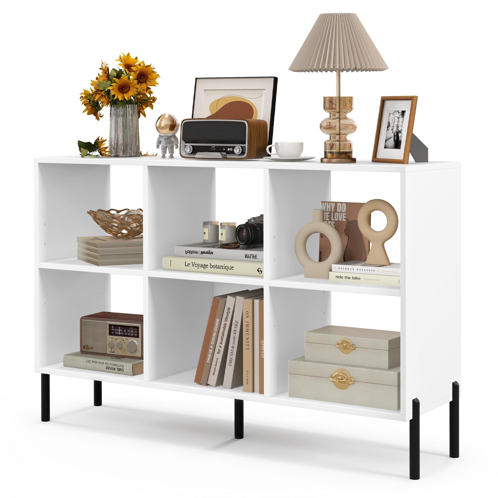 GYMAX Libreria a 6 Cubi, Scaffale a 3 Livelli con 5 Gambe Metalliche, con Ripiani Regolabili, Mobile Moderno per Soggiorno, Studio, Camera da Letto, Ufficio (Bianco)