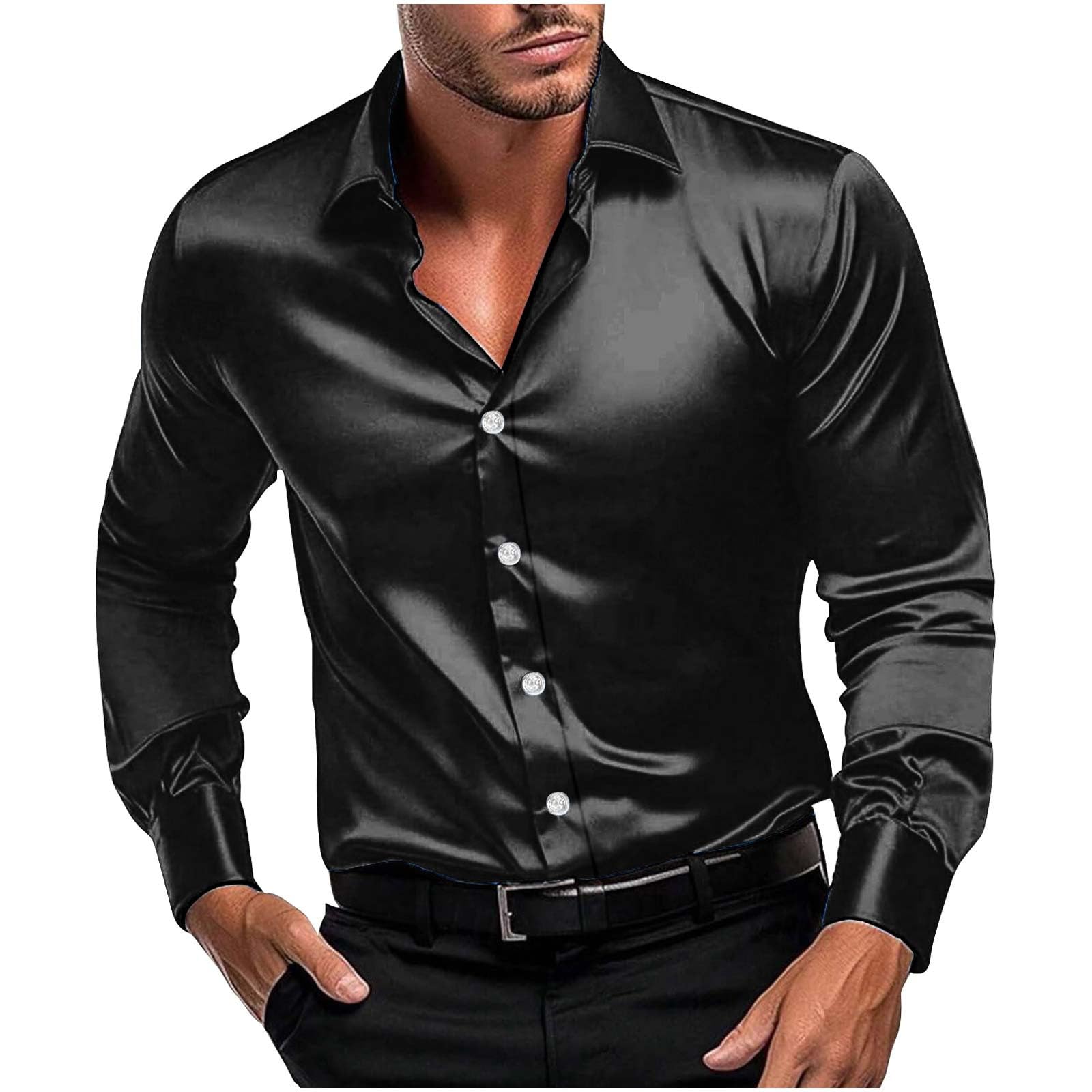 Men Long Sleeve Satin Dress Shirt Shiny Embroidery Silk Like Button Down Casual Luxury Prom Wedding Party Disco Solid