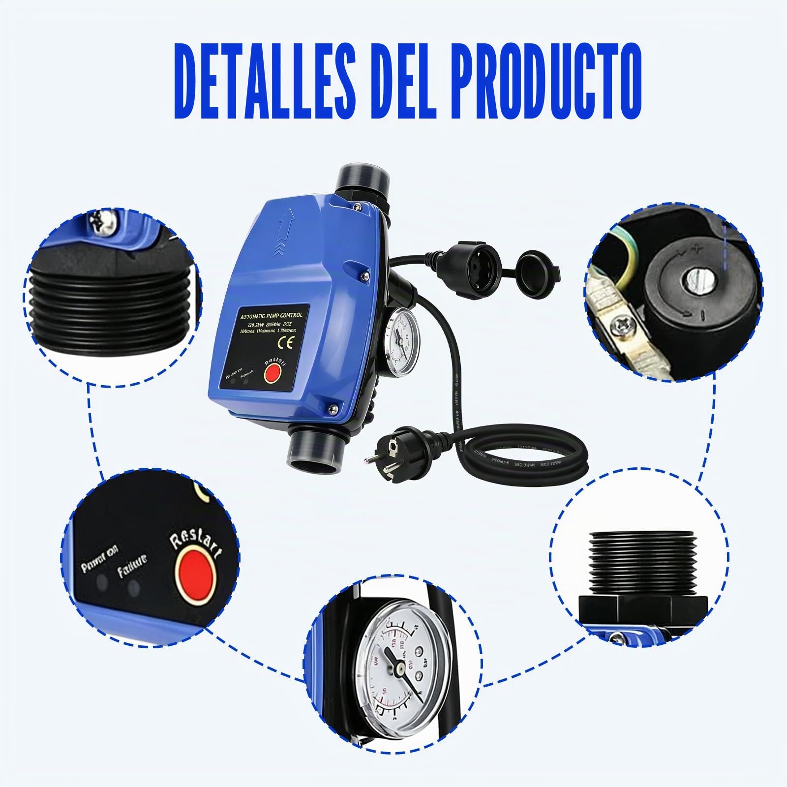 Control de bomba, bomba de aumento de presión de agua con protección contra marcha en seco, indicador de presión y cable, control de bomba IP65, interruptor de presión máx. 10 bar, presostato