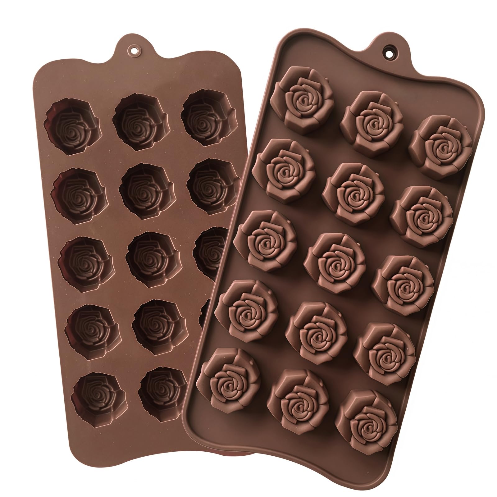 SamHeng Rose Shaped Silicone Moulds, 2 Pcs Non-Stick Chocolate Moulds, 15 Cavity Flower Candy Mould for Baking Jelly Gummy Ice Cube Desserts