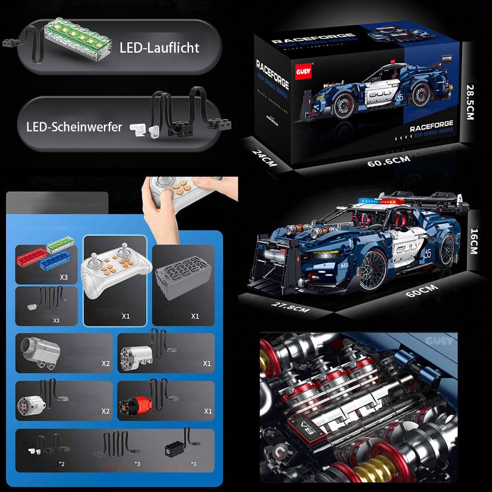 Technik Auto 1: 8 für Ford Mustang Polizeiauto Hypercar, Technik Auto mit 7 M0T0REN Bausatz MOC KIemmbausteine für Ford Mustang, Originalverpackung