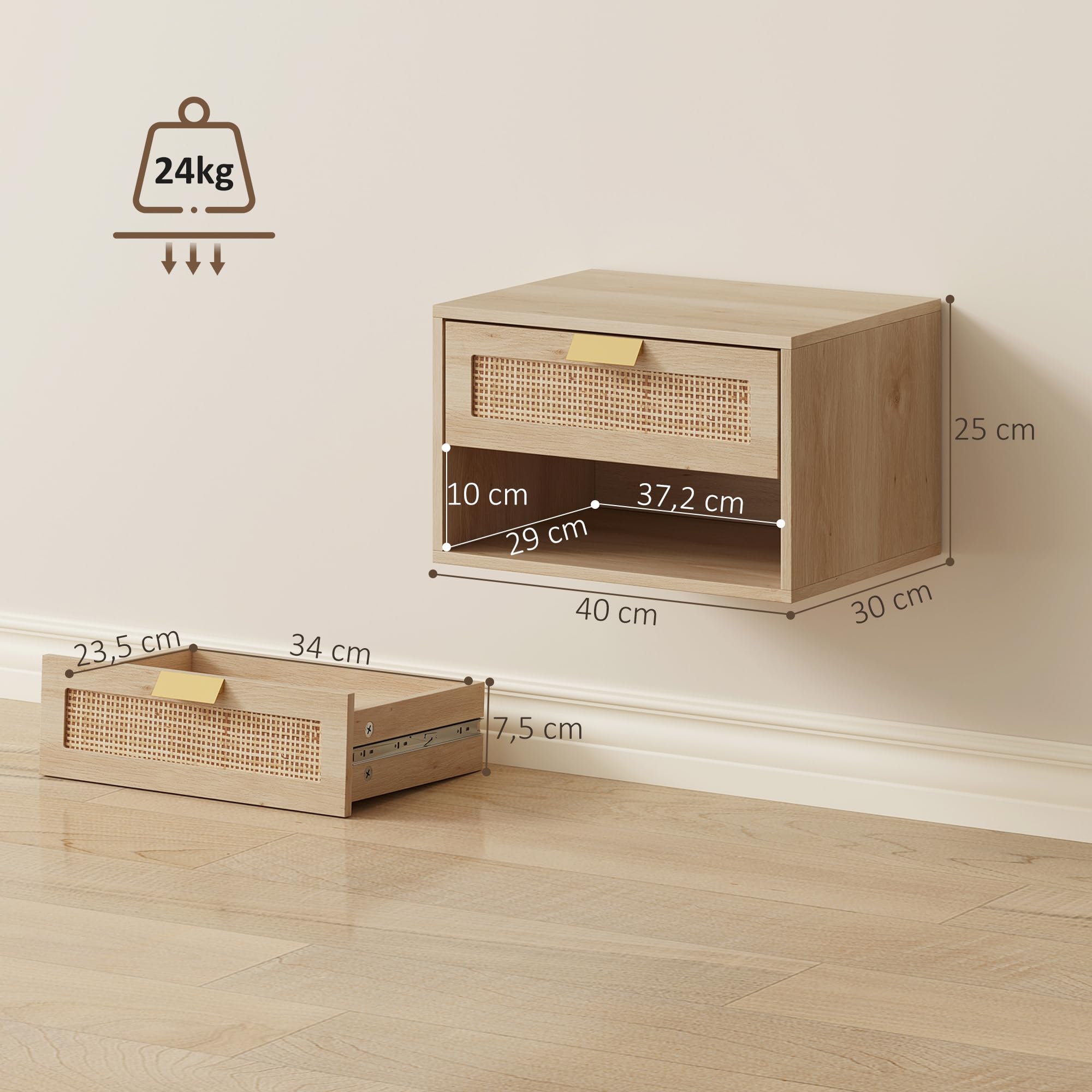 HOMCOM Juego de 2 Mesitas de Noche Flotantes con Cajón 40x30x25 cm Roble
