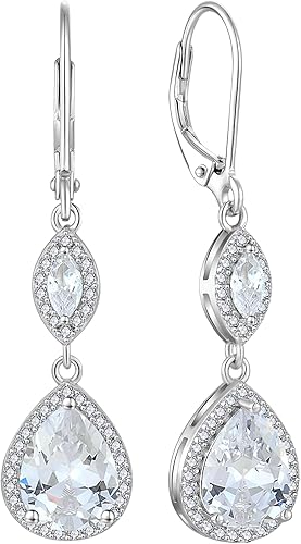 Dangle Drop Earrings for Women, 925 Sterling Silver Wedding Earring 7×9MM Teardrop Birthstones Earrings with Leverback for Brides Jewelry Gifts