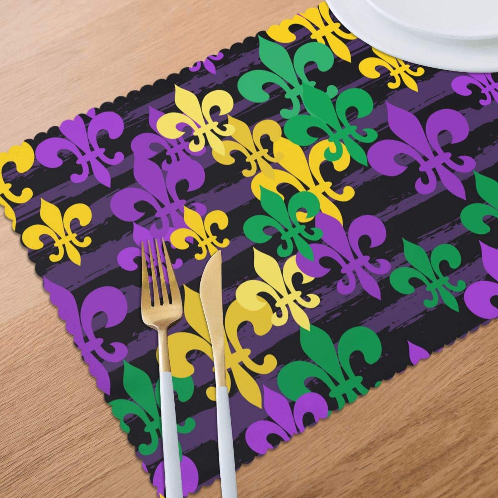 Oarencol Juego De 6 Manteles Individuales De Mardi Gras, Flor De Lis, Coloridos, Resistentes Al Calor, Lavables, Limpios, Para Decoración De Mesa De Comedor