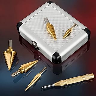 6 Pcs Step Drill Bit Set Titanium HSS Unibit Drill Bits Stepped Up Bits & Automatic Center Punch 50 Sizes High Speed Steel Drill Bits from 1/8" to 1-3/8" with Aluminum Case for DIY Lovers