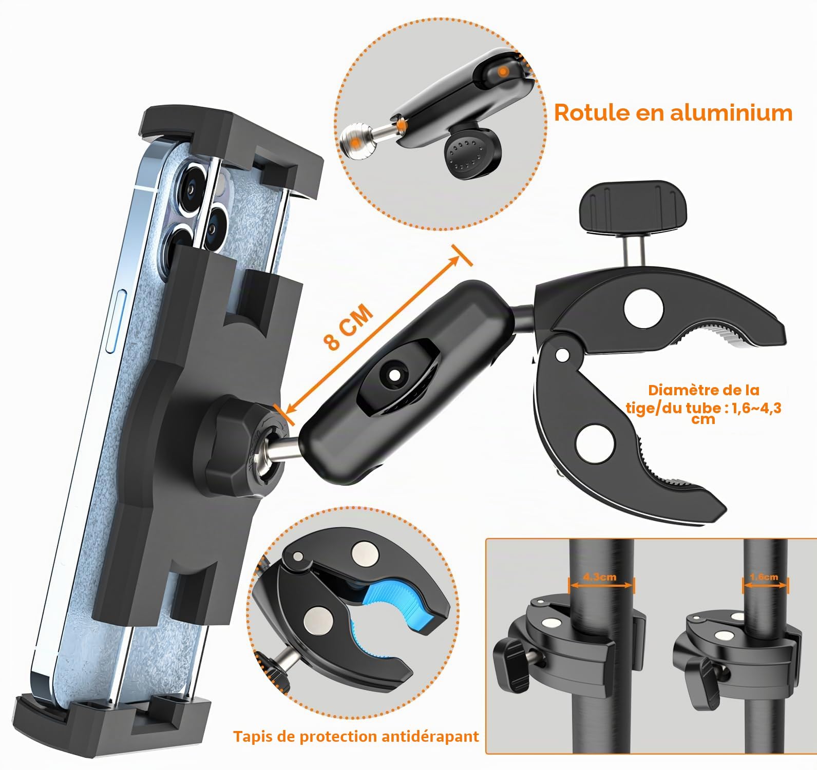 Support Tablette Moto Vélo Bateau Poussette, Support iPad Guidon Barre Tube | Bras en Aluminium Réglable, pour Tablettes et Téléphones de 4-13", iPad Pro, Air, Mini, Galaxy Tab, Fire, iPhone