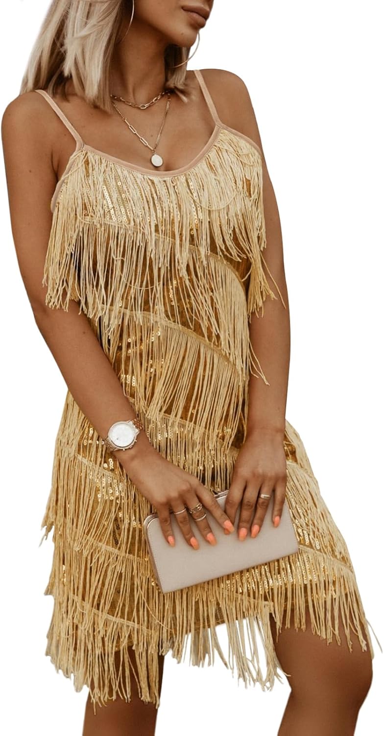 miduo Womens Sequin Tassel Fringe Party Dress Sleeveless Spaghetti Straps Flapper Dresses Cocktail Mini Dresses