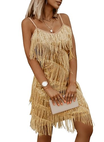 miduo Womens Sequin Tassel Fringe Party Dress Sleeveless Spaghetti Straps