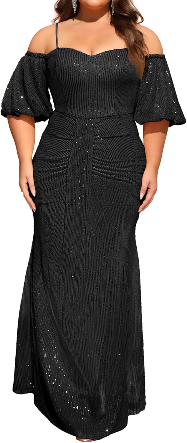 Women's Plus Size Off The Shoulder Puff Sleeve Dress Sequin Formal Maxi Evening Cocktail Party Gowns