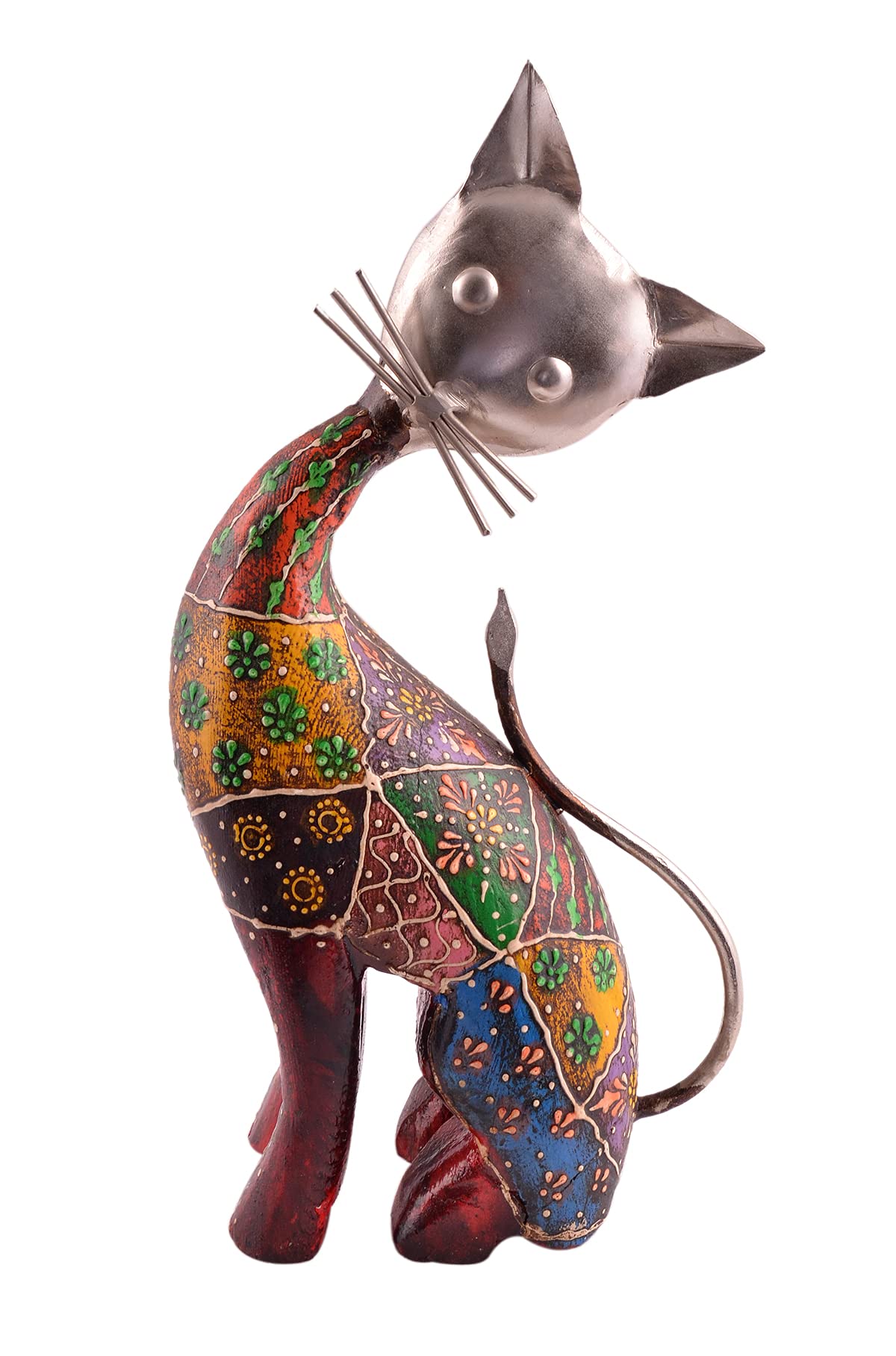 Beautiful Handmade Iron and Wooden Cat/ Kitty Statue Multicolor Hand Painted Home Decorative Showpiece for Gift (12 Inch)